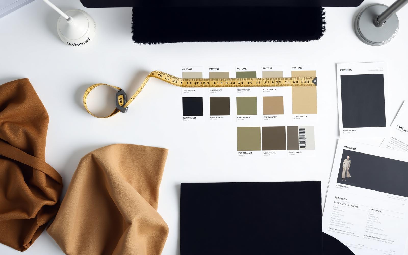 Fashion development workspace with fabric and technical drawings